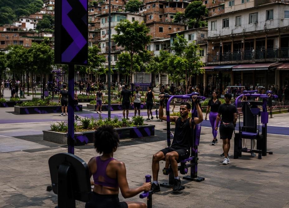 Praça com academia ao ar livre e totem digital da Perifa Mídia sendo usada por moradores