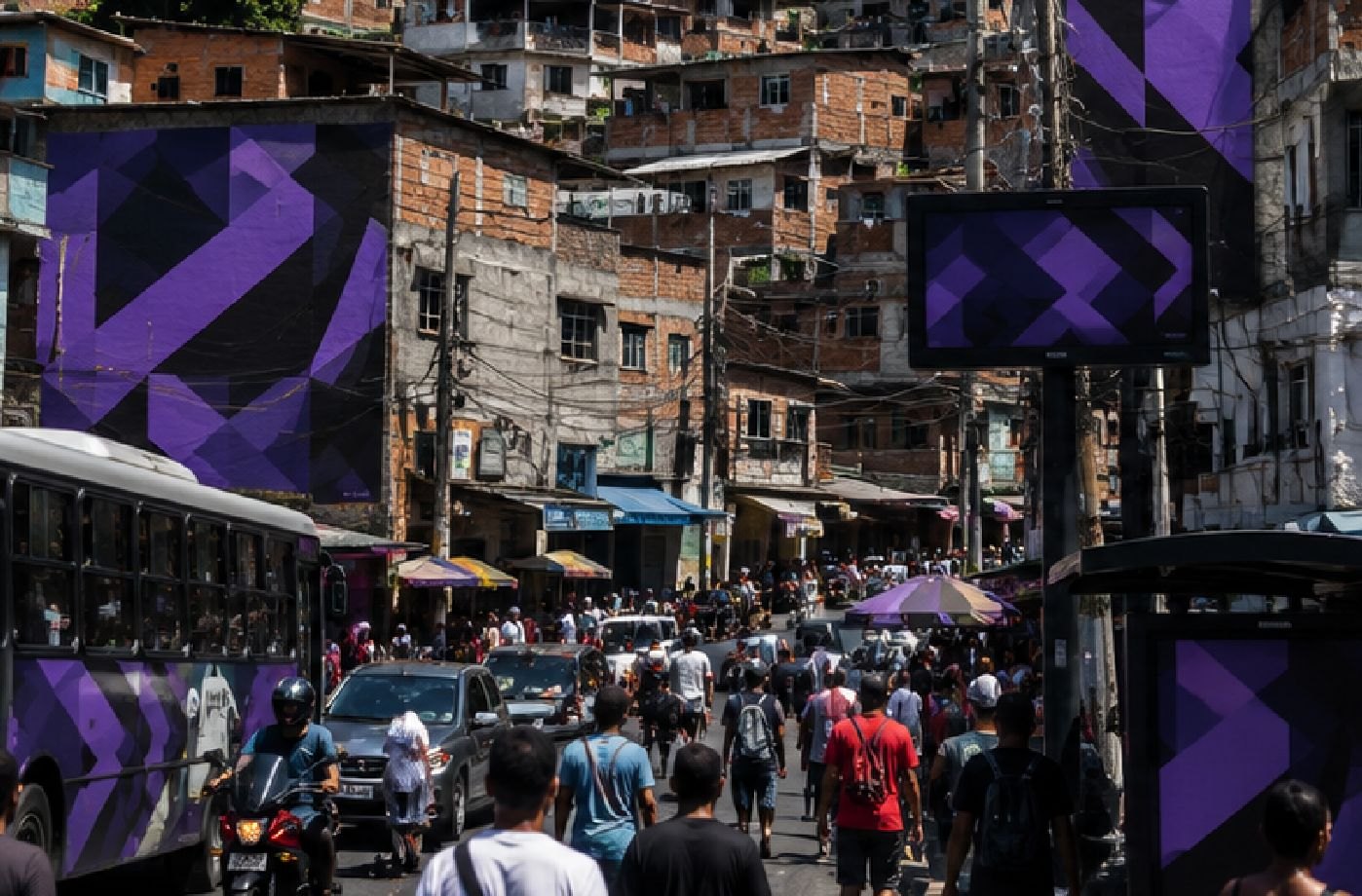 Rua movimentada de comunidade com painéis, empena e ônibus com aplicação visual da Perifa Mídia
