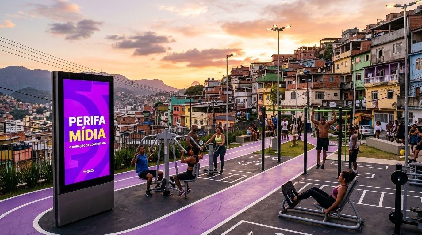 Praça de bem-estar com pista, equipamentos e totem digital Perifa Mídia ao fim do dia